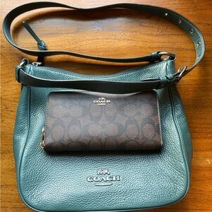 Coach Green Pebbled Leather Shoulder Bag with Brown Signature Wallet